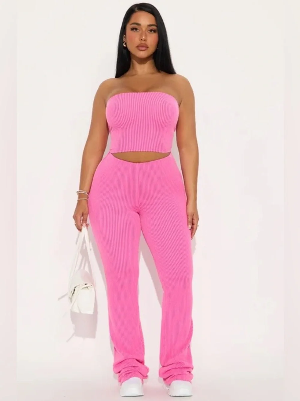 Fashion Nova Hot Pink Ribbed Bandeau & Track Pants Set